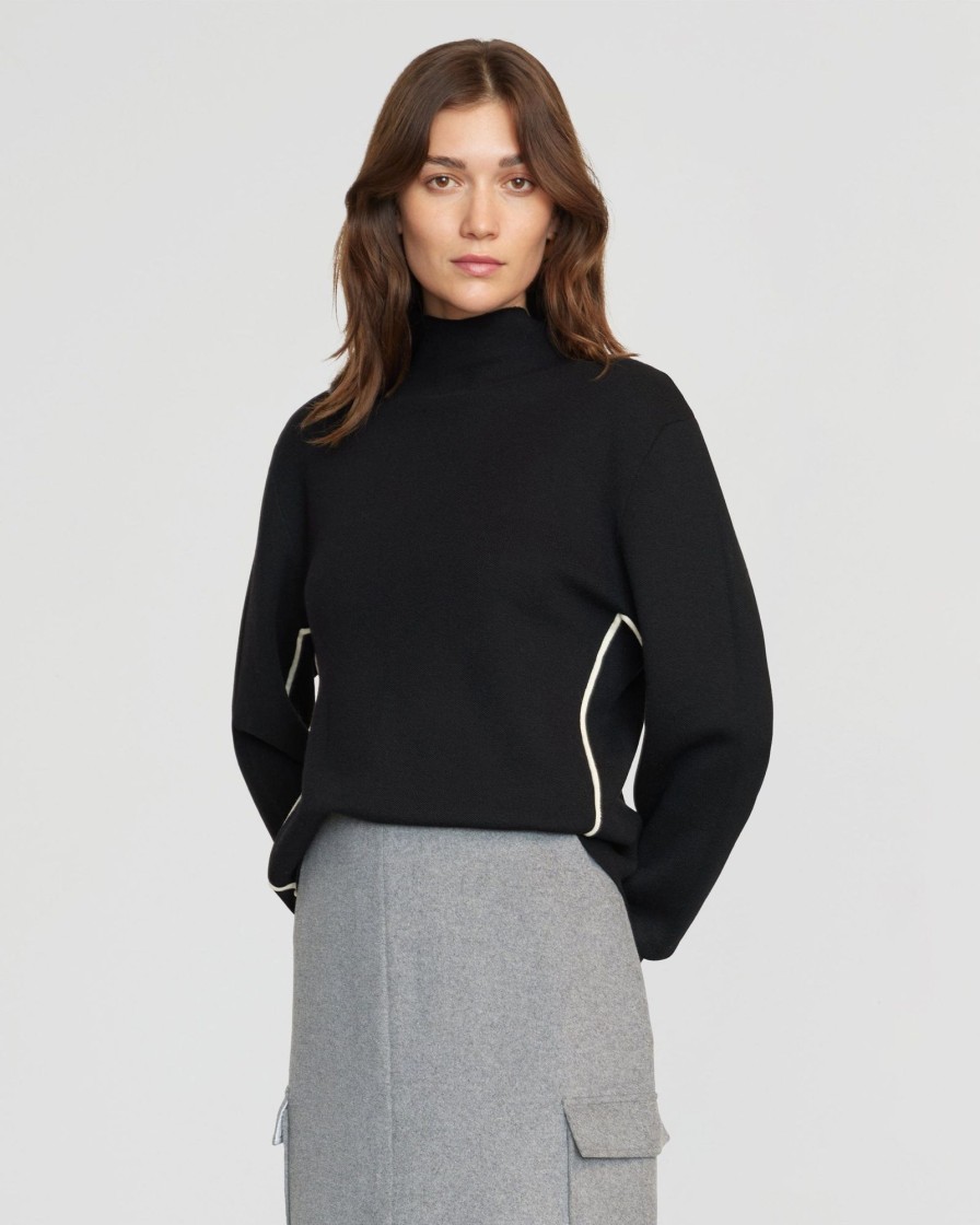 Clothing Brilliant Wise Corporation Limited | Claire Mock-Neck Contrast Piping Sweater